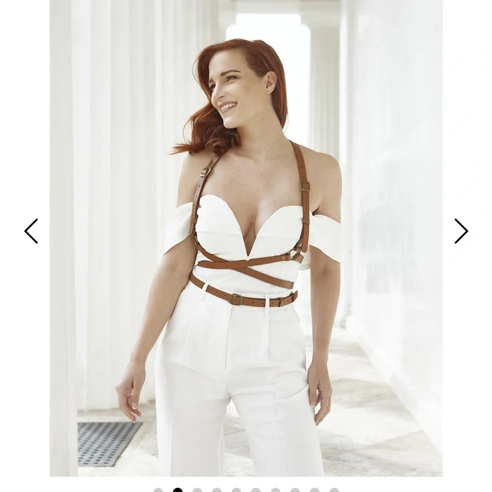 Brown Faux Leather Harness Belt with Metal Buckle Details